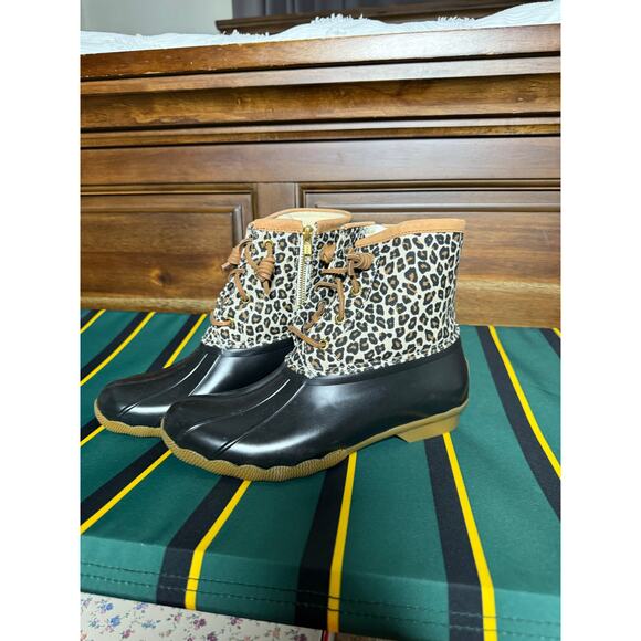 Sperry Saltwater Cheetah Print Waterproof Fleece Lined Duck Boots Women's 8.5 - Picture 1 of 10